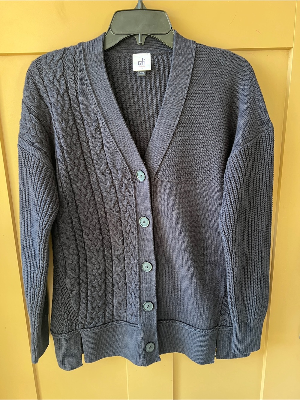 CAbi Sz S Navy Chunky Cable Knit Open Cardigan Long Preppy